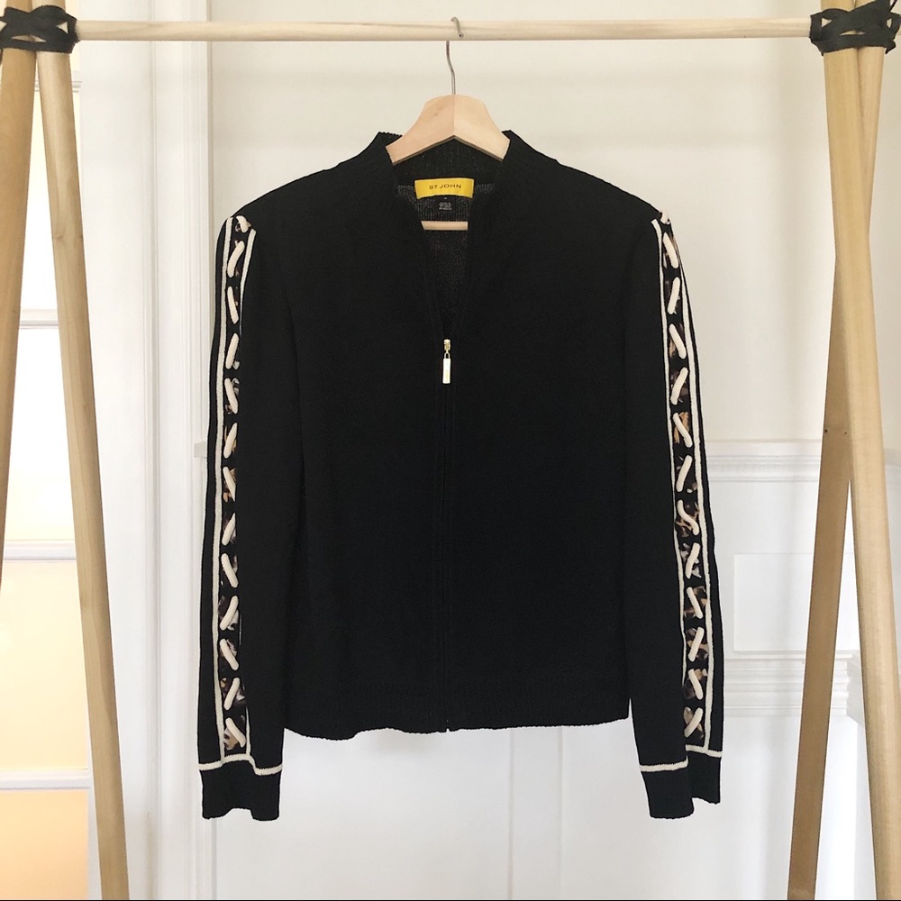 St. John Black Sweater with braid detail sleeves